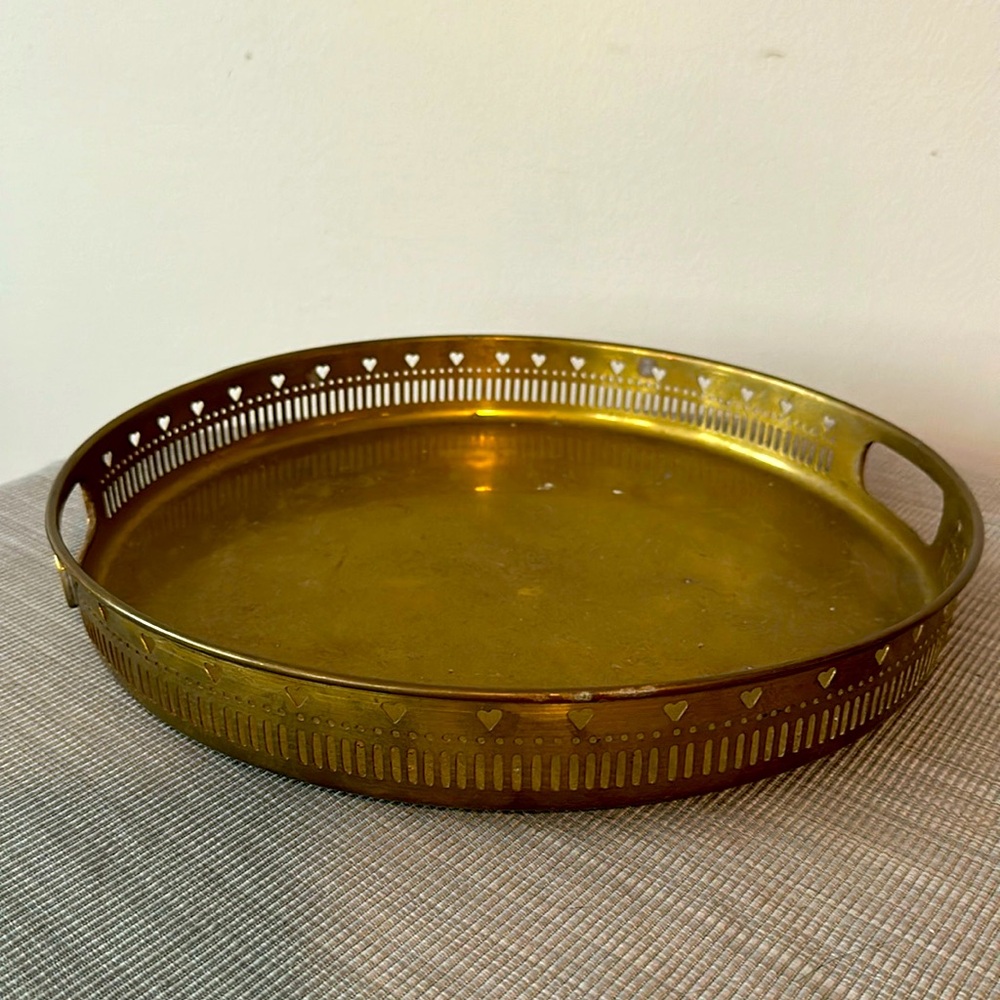 Vintage solid brass 14 inch diameter heart cut out tray with handles